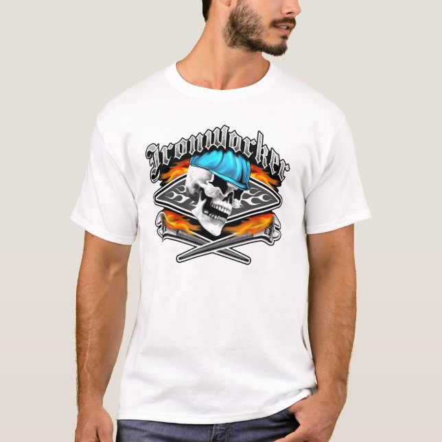 Ironworker Skull and Flaming Crossed Wrenches T-Shirt (Front)