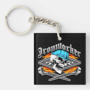 Ironworker Skull and Flaming Wrenches Key Ring