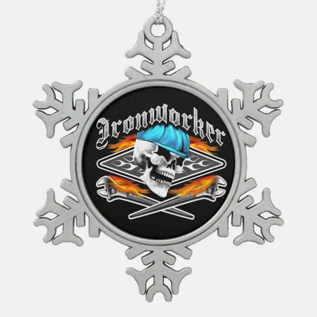 Ironworker Skull and Spud Wrenches Snowflake Pewter Christmas Ornament (Front)