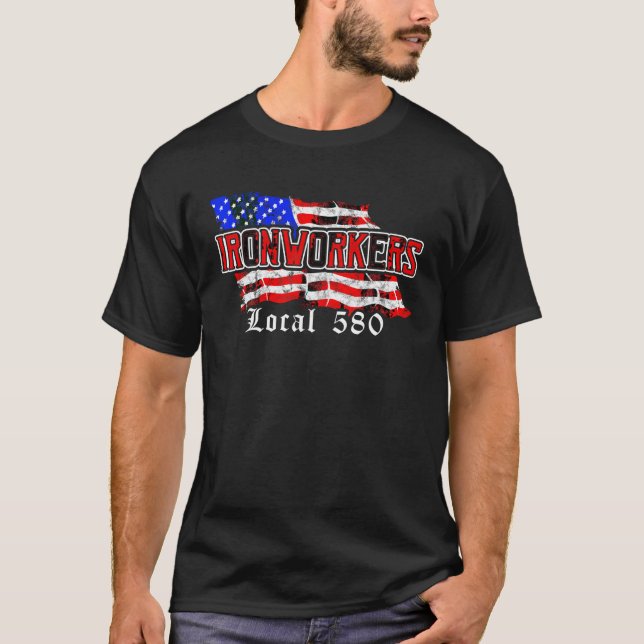 Ironworkers Local 580 NYC American Flag Patriotic  T-Shirt (Front)
