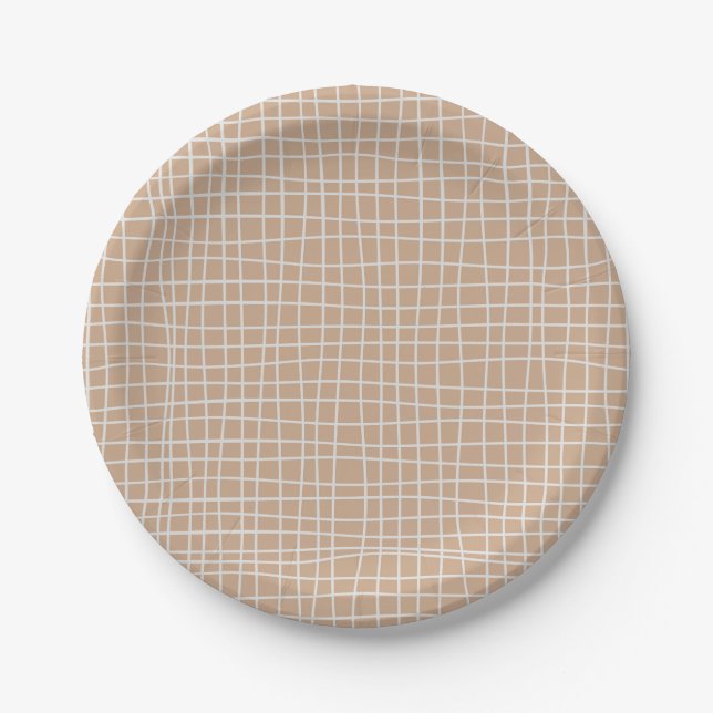 Irregular Grid Optical Illusion White Line Squares Paper Plate (Front)