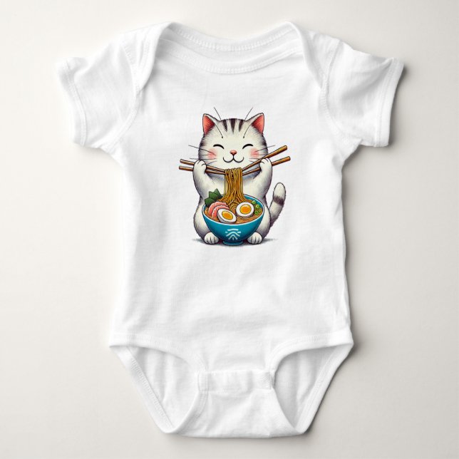 "Irresistible Cuteness: Cat Eating Ramen - T-Shirt Baby Bodysuit (Front)