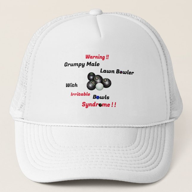 Irritable Grumpy Male Lawn Bowler, Funny Hat (Front)