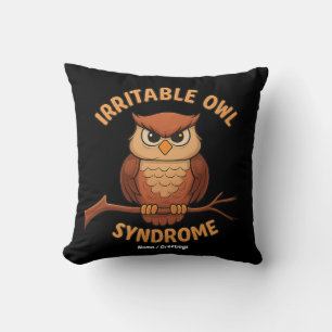 Irritable Owl Syndrome Funny Angry Owl Cartoon Pun Cushion