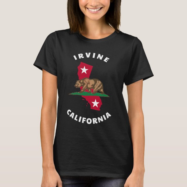 Irvine California CA Flag and Bear Badge Souvenir T-Shirt (Front)