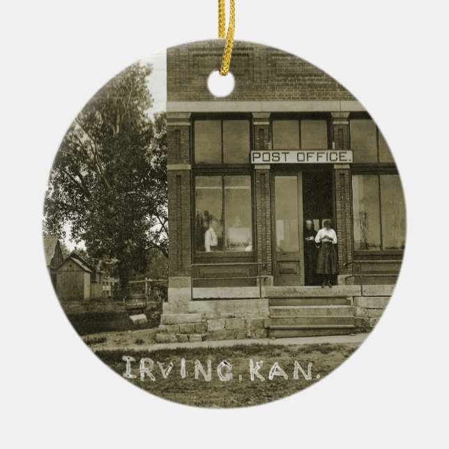 IRVING KANSAS POST OFFICE PHOTO MARSHALL COUNTY KS CERAMIC TREE DECORATION (Front)