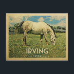 Irving Texas Horse Farm - Vintage Travel Postcard<br><div class="desc">Irving Texas rural vintage travel postcard.  It features a white horse grazing on green grass with fence and blue clouds sky above. A fun country farm image with rustic charm.</div>