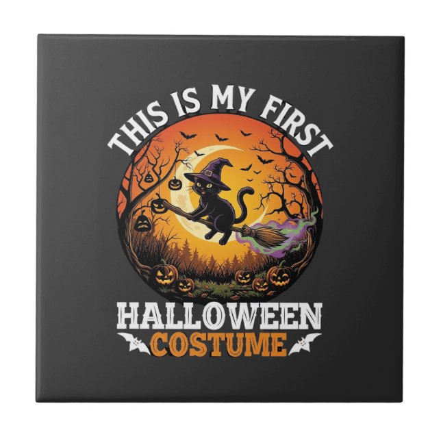 Is First Halloween Costume Black Cat Broom_1 Ceramic Tile (Front)