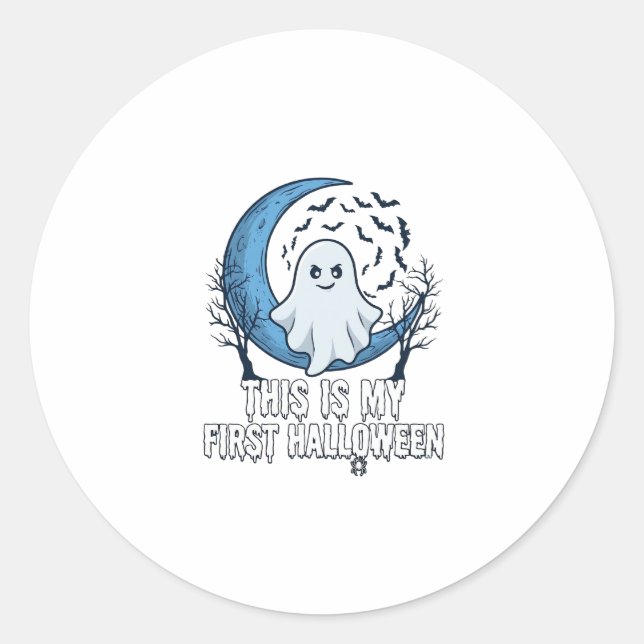 Is First Halloween Ghost Crescent Moon Bats_1 Classic Round Sticker (Front)