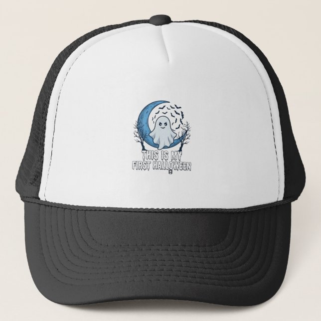 Is First Halloween Ghost Crescent Moon Bats_1 Trucker Hat (Front)