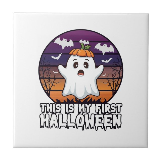 Is First Halloween Ghost Pumpkin Hat Bats_1 Ceramic Tile (Front)