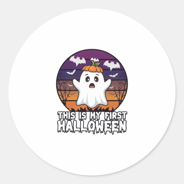 Is First Halloween Ghost Pumpkin Hat Bats_1 Classic Round Sticker (Front)