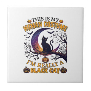 Is Human Costume Black Cat Halloween Moon_1 Ceramic Tile