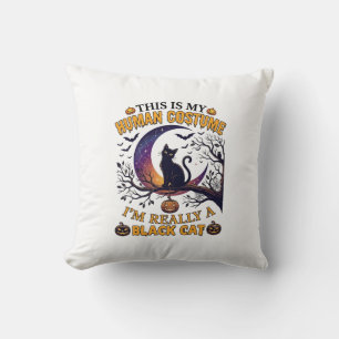 Is Human Costume Black Cat Halloween Moon_1 Cushion