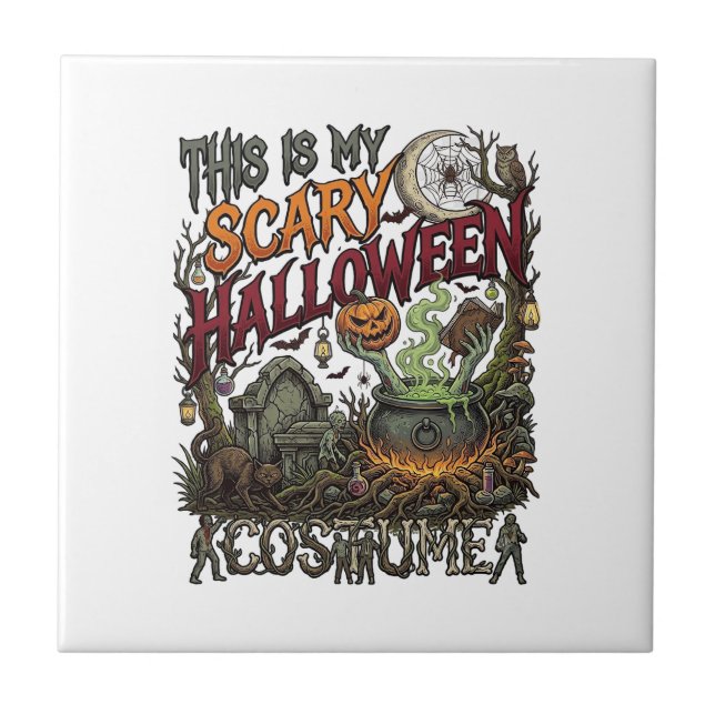 Is Scary Halloween Costume Cauldron Pumpkin Cat_1 Ceramic Tile (Front)