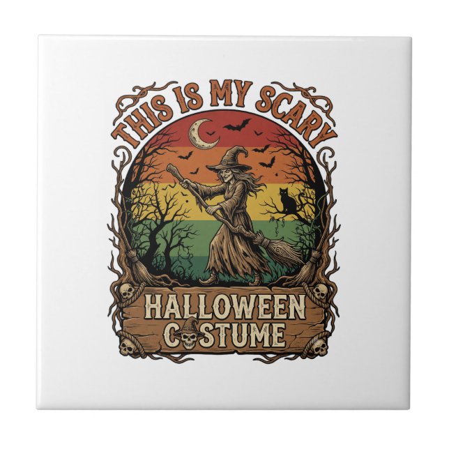 Is Scary Halloween Costume Witch Broom Cat Ceramic Tile (Front)