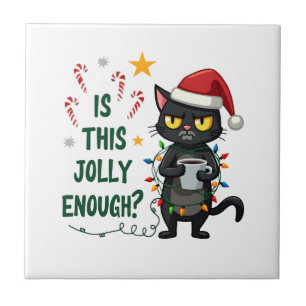Is This Jolly Enough Black Cat Merry Christmas Tre Ceramic Tile