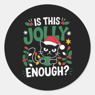 Is This Jolly Enough Black Cat Merry Christmas Tre Classic Round Sticker