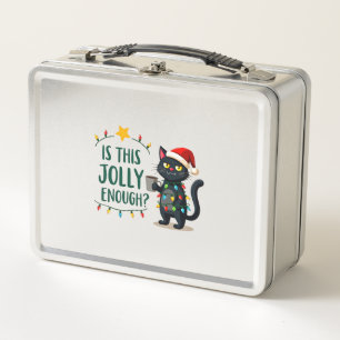 Is This Jolly Enough Black Cat Merry Christmas Tre Metal Lunch Box