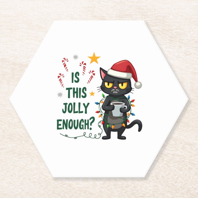 Is This Jolly Enough Black Cat Merry Christmas Tre Paper Coaster (Front)