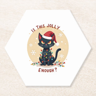 Is This Jolly Enough Funny Black Cat Christmas Tre Paper Coaster