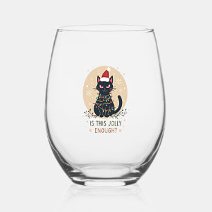 Is This Jolly Enough Funny Black Cat Christmas Tre Stemless Wine Glass