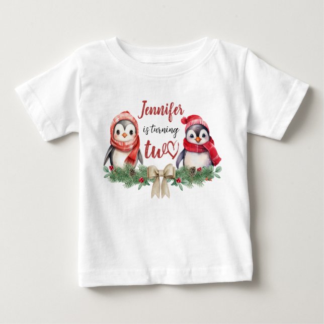 Is Turning TWO | Penguin Christmas 2nd Birthday Baby T-Shirt (Front)