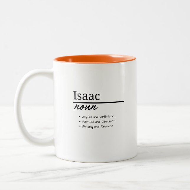 Isaac, Boy Personalised Name Definition Two-Tone Coffee Mug (Left)