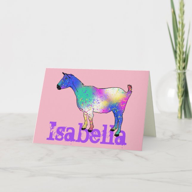 Isabella Add Name Colourful Goat Funky Animal Art Card (Front)