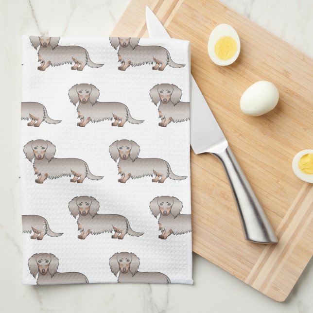 Isabella And Tan Long Hair Dachshund Dog Pattern Tea Towel (Quarter Fold)