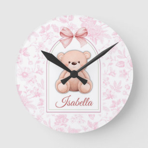 Isabella Custom Pink Teddy Bear Nursery Design Round Clock