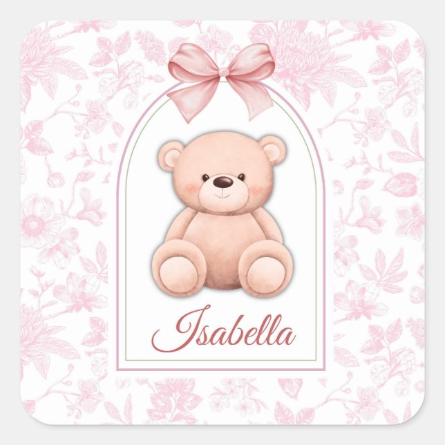 Isabella | Custom Pink Teddy Bear Nursery Design  Square Sticker (Front)