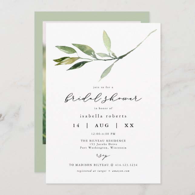ISABELLA Elegant Minimalist Greenery Bridal Shower Invitation (Front/Back)