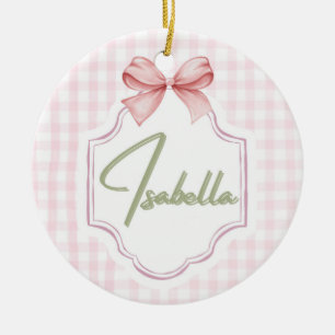 Isabella Personalized Pink Bow & Gingham Print Ceramic Ornament