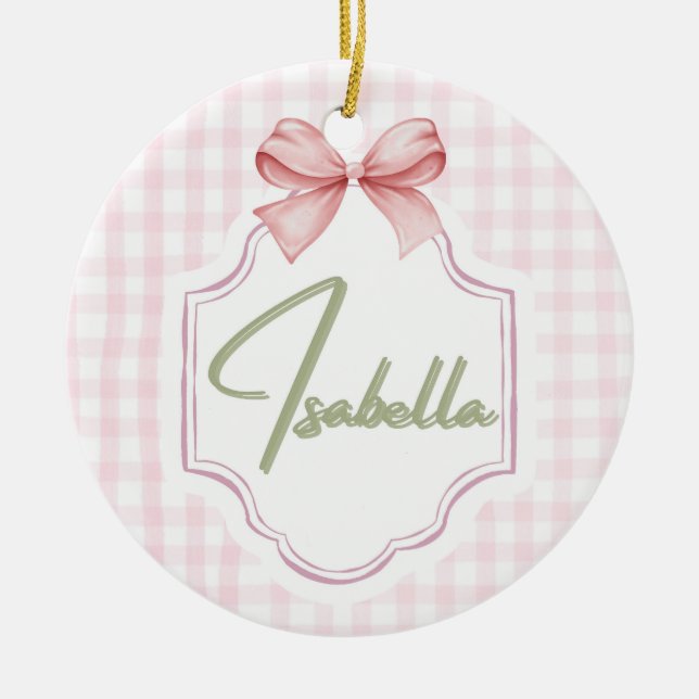 Isabella Personalized Pink Bow & Gingham Print  Ceramic Ornament (Front)
