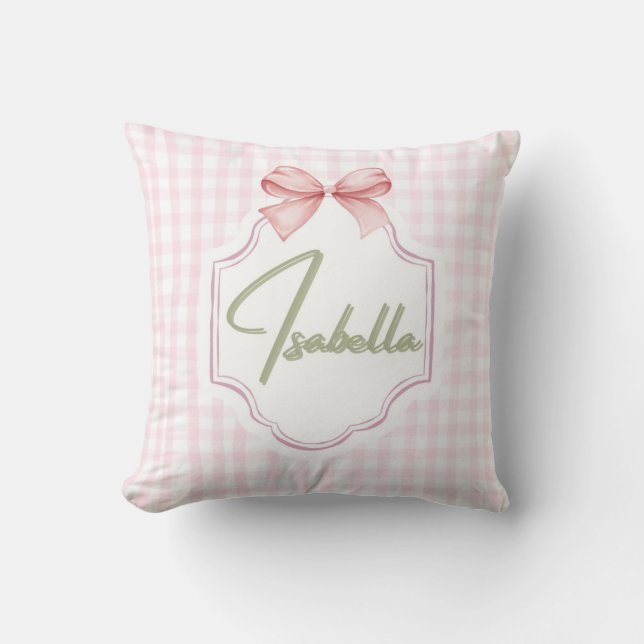 Isabella Personalized Pink Bow & Gingham Print  Cushion (Front)