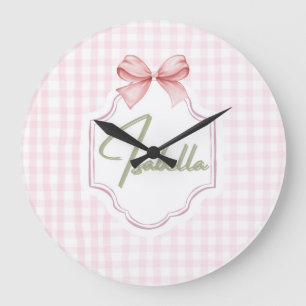 Isabella Personalized Pink Bow & Gingham Print  Large Clock