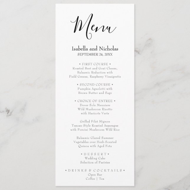 Isabella Simple Modern Black Calligraphy Wedding Menu (Front)