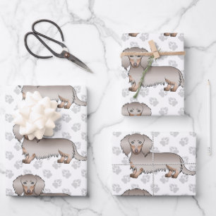 Isabella & Tan Long Hair Dachshund Pattern & Paws Wrapping Paper Sheet