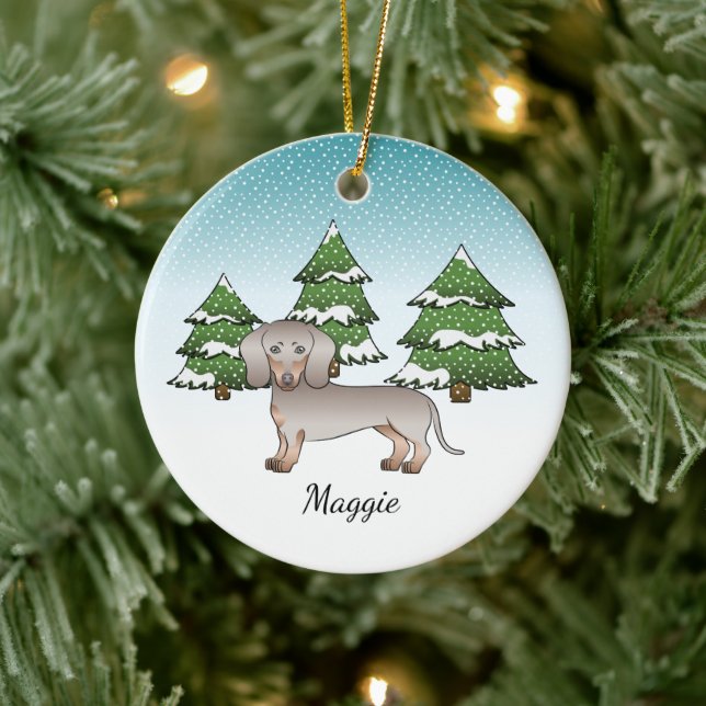 Isabella & Tan Short Hair Dachshund Winter Forest Ceramic Ornament (Tree)