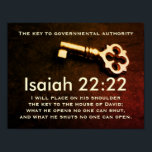 Isaiah 22:22 Key to the House of David Bible Verse Poster<br><div class="desc">Inspirational quote scripture poster features Bible Verse Isaiah 22:22; "I will place on his shoulder the key to the house of David; what he opens no one can shut,  and what he shuts no one can open."-</div>