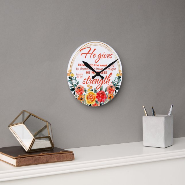 Isaiah 40:29 He gives power Red Floral Scripture Round Clock (Office)