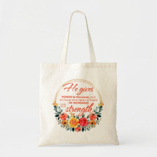 Isaiah 40:29 He gives power Red Floral Scripture Tote Bag