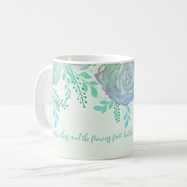 Isaiah 40:8 Bible Verse Light Green Blue Floral Coffee Mug (Front Left)