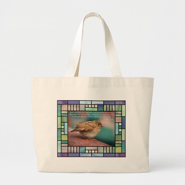 Isaiah 41:10 Bible Verse With Bird Stained Glass Large Tote Bag (Front)
