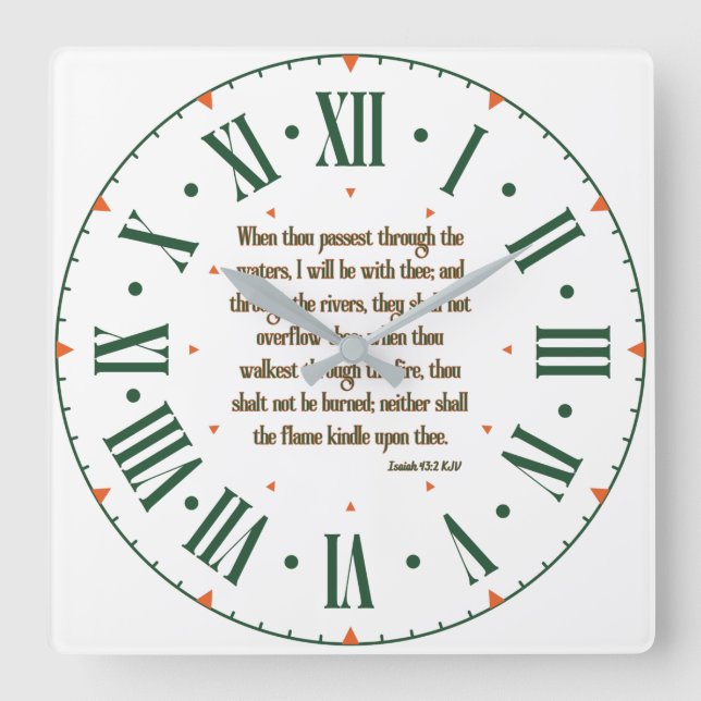 Isaiah 43:2 KJV Bible Verse Roman Numeral Square Wall Clock (Front)