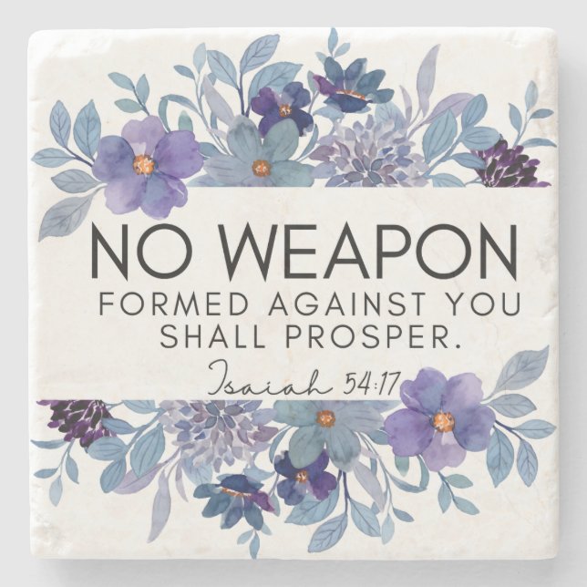 Isaiah 54:17 No Weapon Christian Scripture Floral Stone Coaster (Front)
