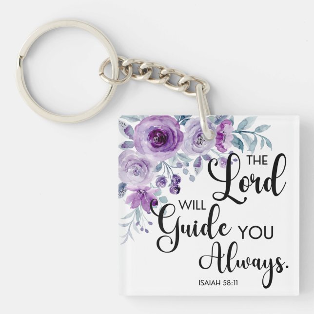 Isaiah 58:11 Purple Floral Christian Bible Verse Key Ring (Front)