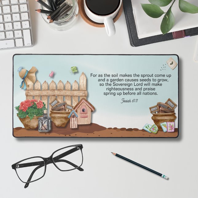 Isaiah 61:11 Garden Faith Verse Blue Sky Design Desk Mat (Isaiah 61:11 desk mat for gardeners)