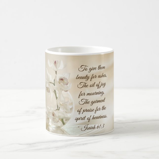 Isaiah 61:3 Beauty for Ashes, Bible Verse, Orchid Coffee Mug (Center)
